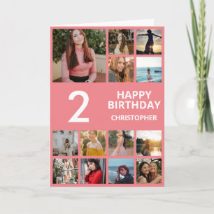 2nd Birthday Photo Collage 13 Photos Pink & White Card