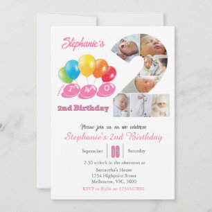 2nd birthday photo collage number 2 Girl Invitation