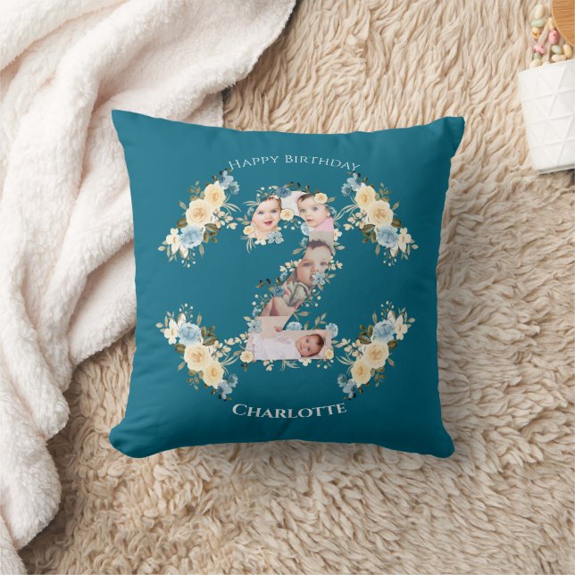 2nd Birthday Photo Collage Teal Blue Yellow Flower Cushion (Blanket)
