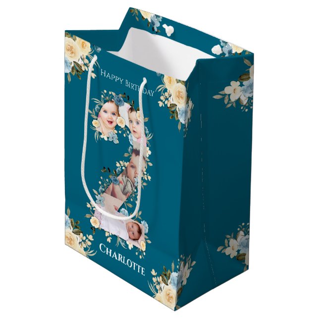 2nd Birthday Photo Teal Collage Blue Yellow Flower Medium Gift Bag (Front Angled)