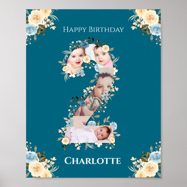 2nd Birthday Photo Teal Collage Blue Yellow Flower Poster (Front)