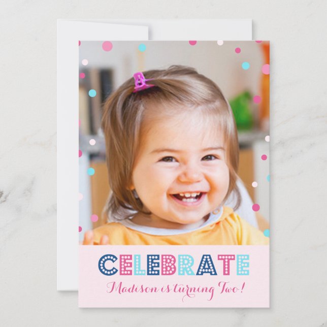 2nd Birthday Pink Blue Confetti Photo Invitation (Front)