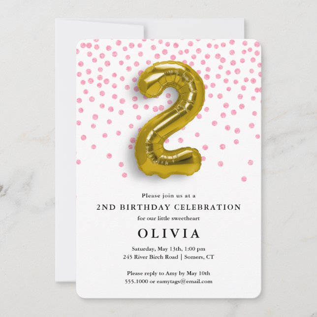 2nd Birthday Pink Confetti and Gold Balloon Invitation (Front)