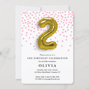 2nd Birthday Pink Confetti and Gold Balloon Invitation