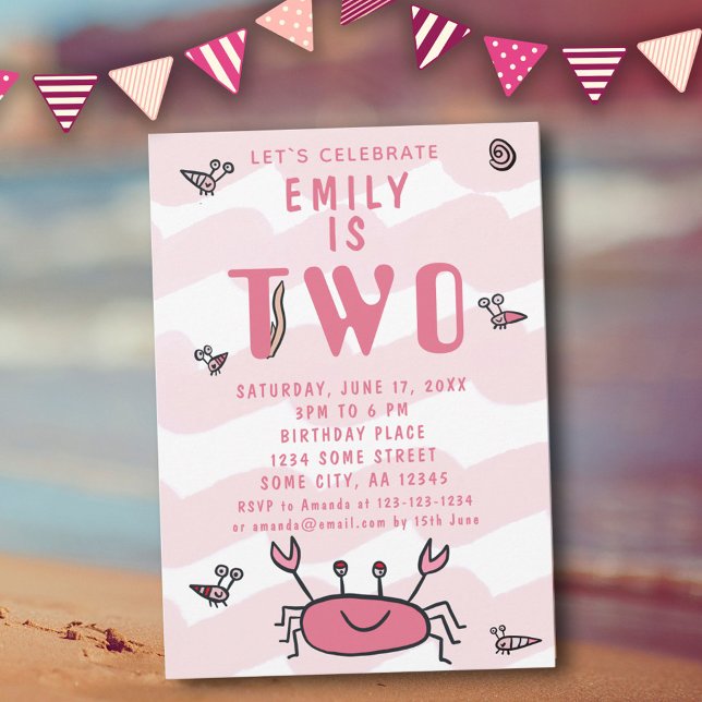 2nd Birthday Pink Crab Sea Animals Girl  Invitation (Creator Uploaded)