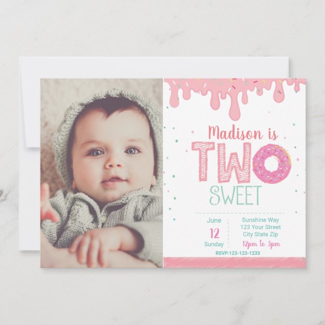 2nd Birthday Pink Doughnut Invitation with picture (Front)