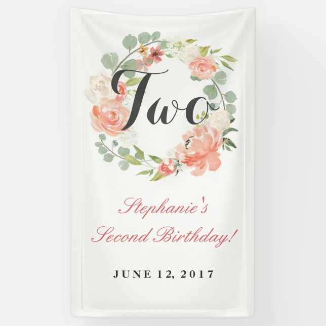 2nd Birthday Pink Floral Wreath Two Banner (Vertical)