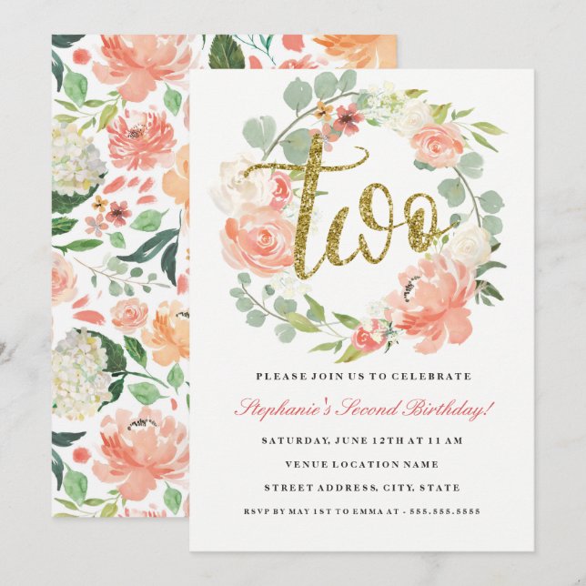 2nd Birthday Pink Gold Floral Wreath Invitation (Front/Back)