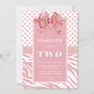 2nd Birthday Pink Polka Dot and Zebra Stripe Party Invitation