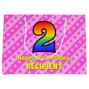 2nd Birthday: Pink Stripes & Hearts, Rainbow # 2 Large Gift Bag