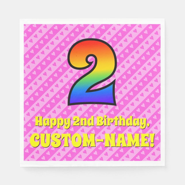 2nd Birthday: Pink Stripes & Hearts, Rainbow # 2 Napkin (Front)