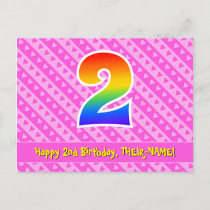 2nd Birthday: Pink Stripes & Hearts, Rainbow 2 Postcard
