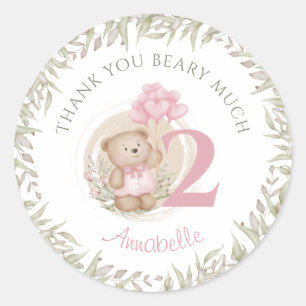2nd Birthday Pink Teddy Bear Thank You Stickers