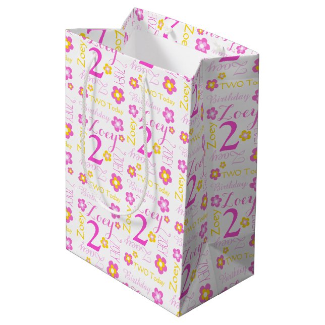 2nd Birthday pink yellow custom name gift bag (Back Angled)