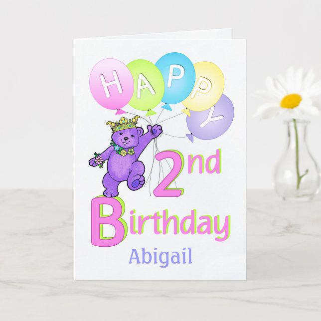 2nd Birthday Princess Bear, Custom Name Card (Small Plant)