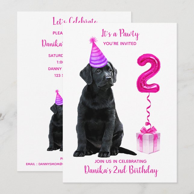 2nd Birthday Puppy Theme- Cute Dog Pink Girl Pawty Invitation (Front/Back)