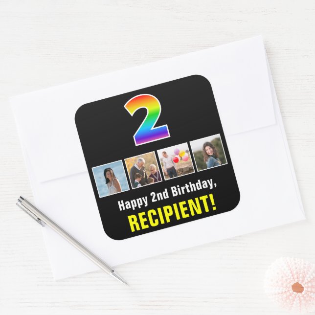 2nd Birthday: Rainbow “2”; Custom Photos & Name Square Sticker (Envelope)
