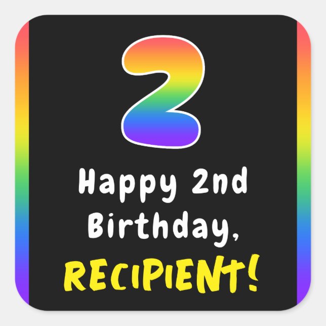 2nd Birthday: Rainbow Spectrum # 2, Custom Name Square Sticker (Front)