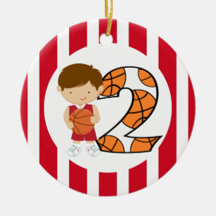 2nd Birthday Red and White Basketball Player v2 Ceramic Tree Decoration