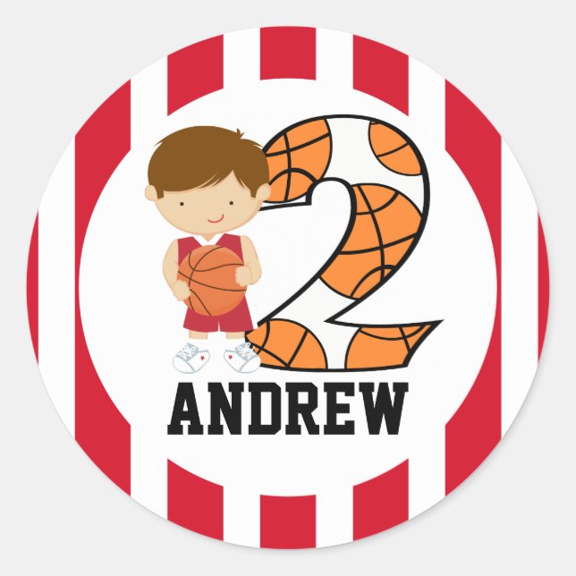 2nd Birthday Red and White Basketball Player v2 Classic Round Sticker (Front)