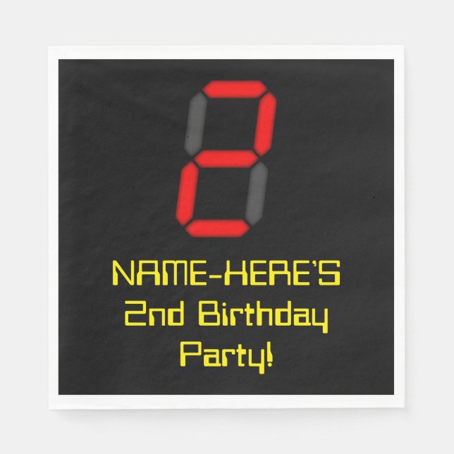 2nd Birthday: Red Digital Clock Style "2" + Name Napkin (Front)
