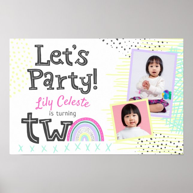 2nd Birthday Retro 90's Rainbow TWO Welcome Sign (Front)