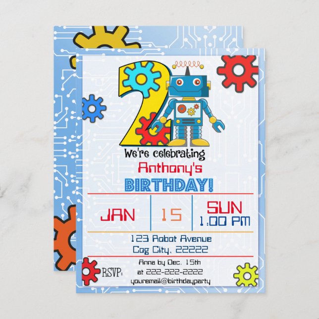 2nd Birthday Robot Invitation (Front/Back)