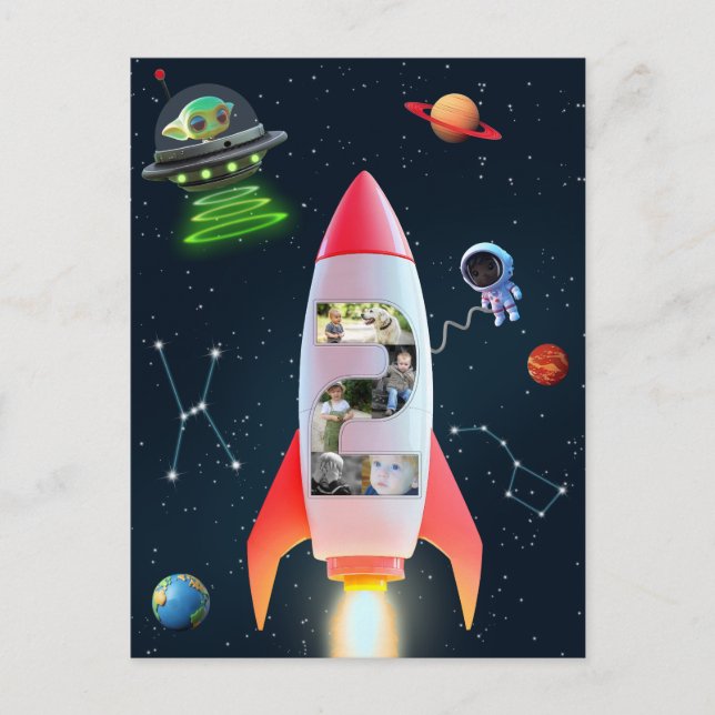 2nd Birthday Rocket Space | Huge Two Photo Collage Postcard (Front)