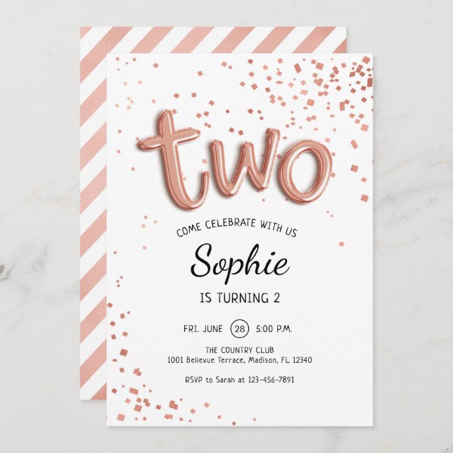 2nd Birthday - Rose Gold White Invitation (Front/Back)