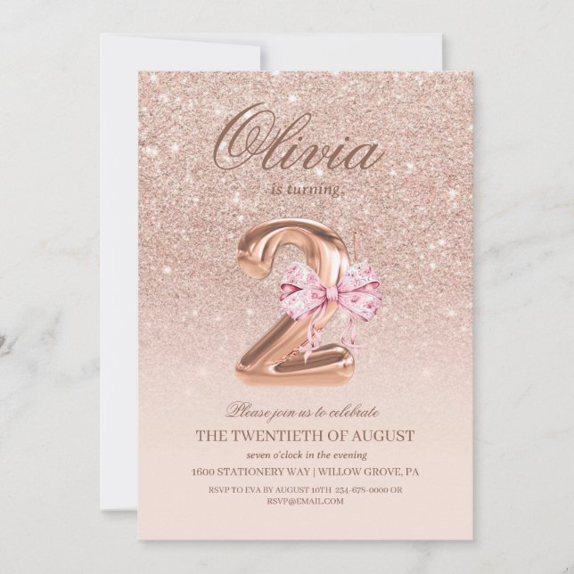 2nd Birthday Rose Pink Gold  Bow Birthday Party  Invitation (Front)