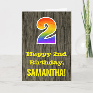 2nd Birthday: Rustic Faux Wood Look, Rainbow "2" Card