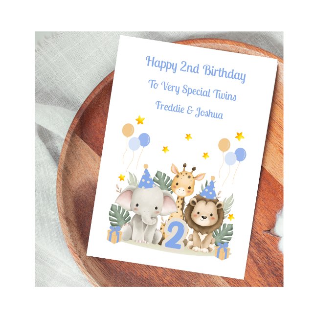 2nd Birthday Safari Animals Twin Boys Card (Creator Uploaded)