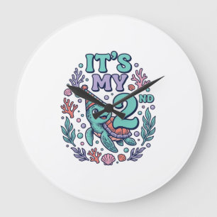 2nd Birthday Sea Turtle Vintage Engraving Design_1 Large Clock