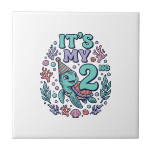 2nd Birthday Sea Turtle Vintage Engraving Design_1 Tile