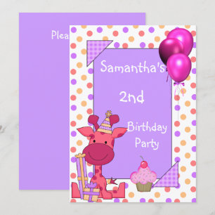 2nd Birthday Spots Giraffe Cupcake Balloons Mauve Invitation