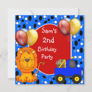 2nd Birthday Spots Lion Truck Cupcake Balloons Invitation
