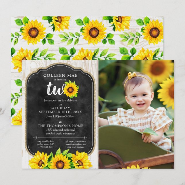 2nd Birthday Sunflower & Rustic Wood Country Photo Invitation (Front/Back)