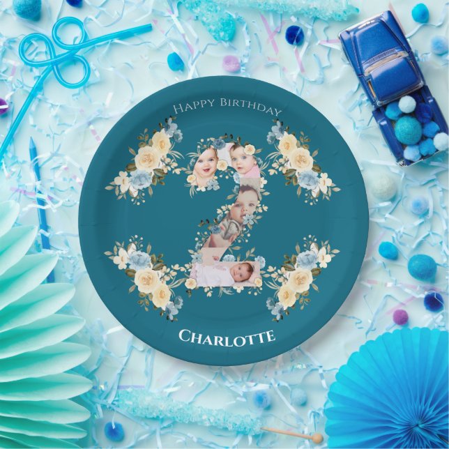 2nd Birthday Teal Photo Collage Blue Yellow Flower Paper Plate (Party)