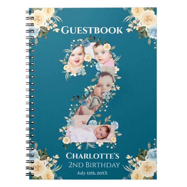 2nd Birthday Teal Photo Yellow Flower Guest Book (Front)