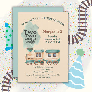2nd Birthday Train Party All Aboard Watercolor Invitation