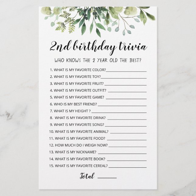 2nd Birthday Trivia editable game (Front)