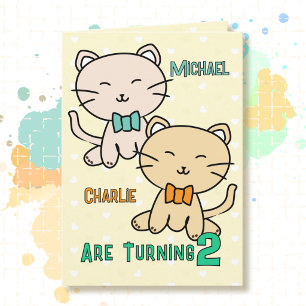 2nd Birthday Twin Boys Cute Cat Cartoon Adorable  Card