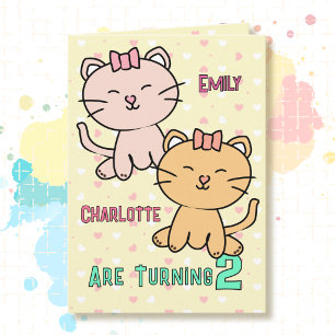 2nd Birthday Twin Girls Cute Cat Cartoon Adorable  Card