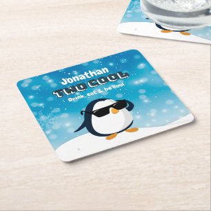 2nd Birthday Two Cool Penguin Boy Square Paper Coaster