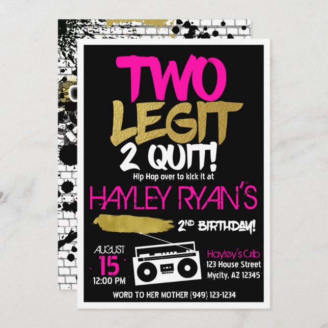 2nd Birthday Two Legit Two Quit Hip Hop Invitation (Front/Back)