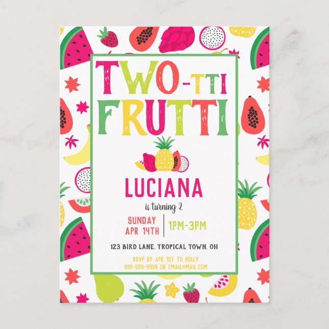 2nd Birthday Two-tti Frutti Fruit Birthday Party Invitation Postcard (Front)