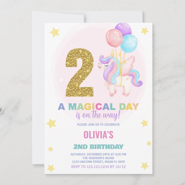 2nd Birthday Unicorn Birthday Invitations (Front)