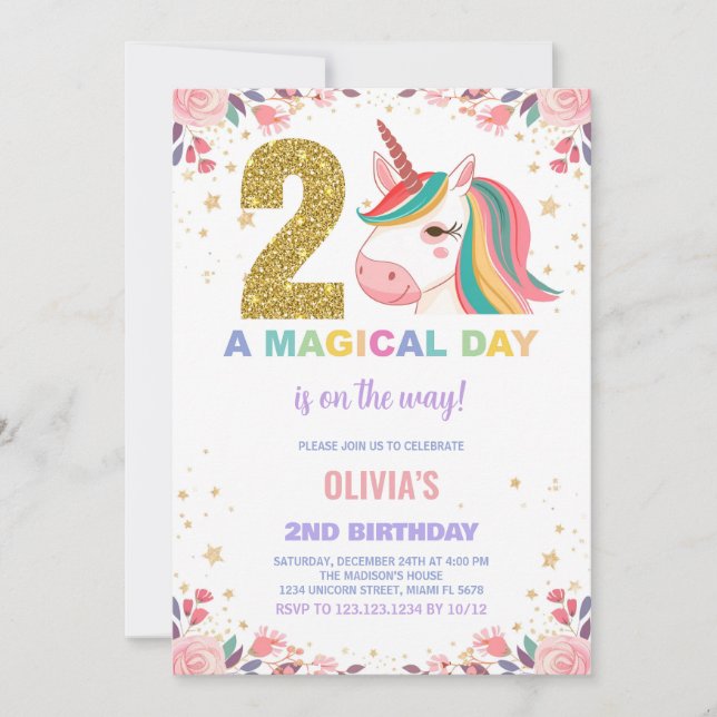 2nd Birthday Unicorn Birthday Invitations (Front)
