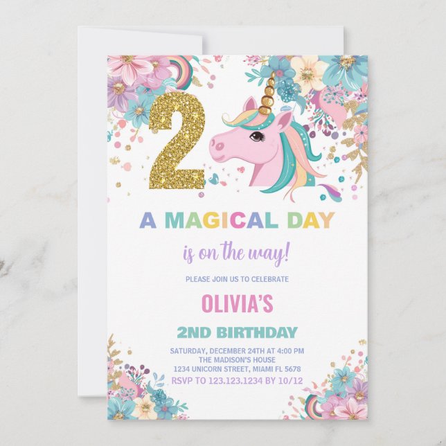 2nd Birthday Unicorn Birthday Invitations (Front)