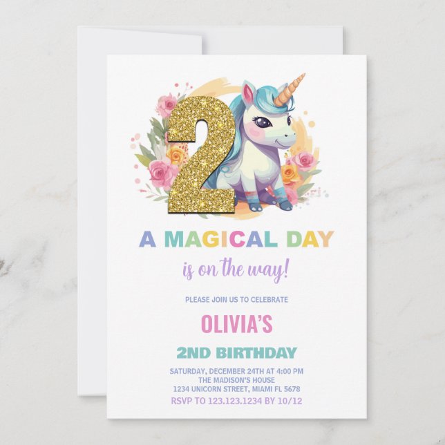 2nd Birthday Unicorn Birthday Invitations (Front)